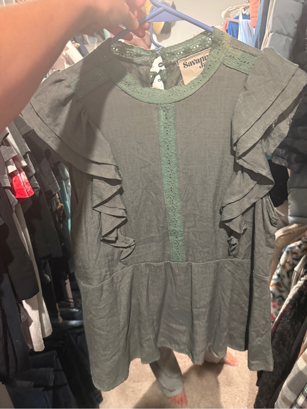 Savanna Jane Olive Green Ruffle Sleeve Peplum Tunic